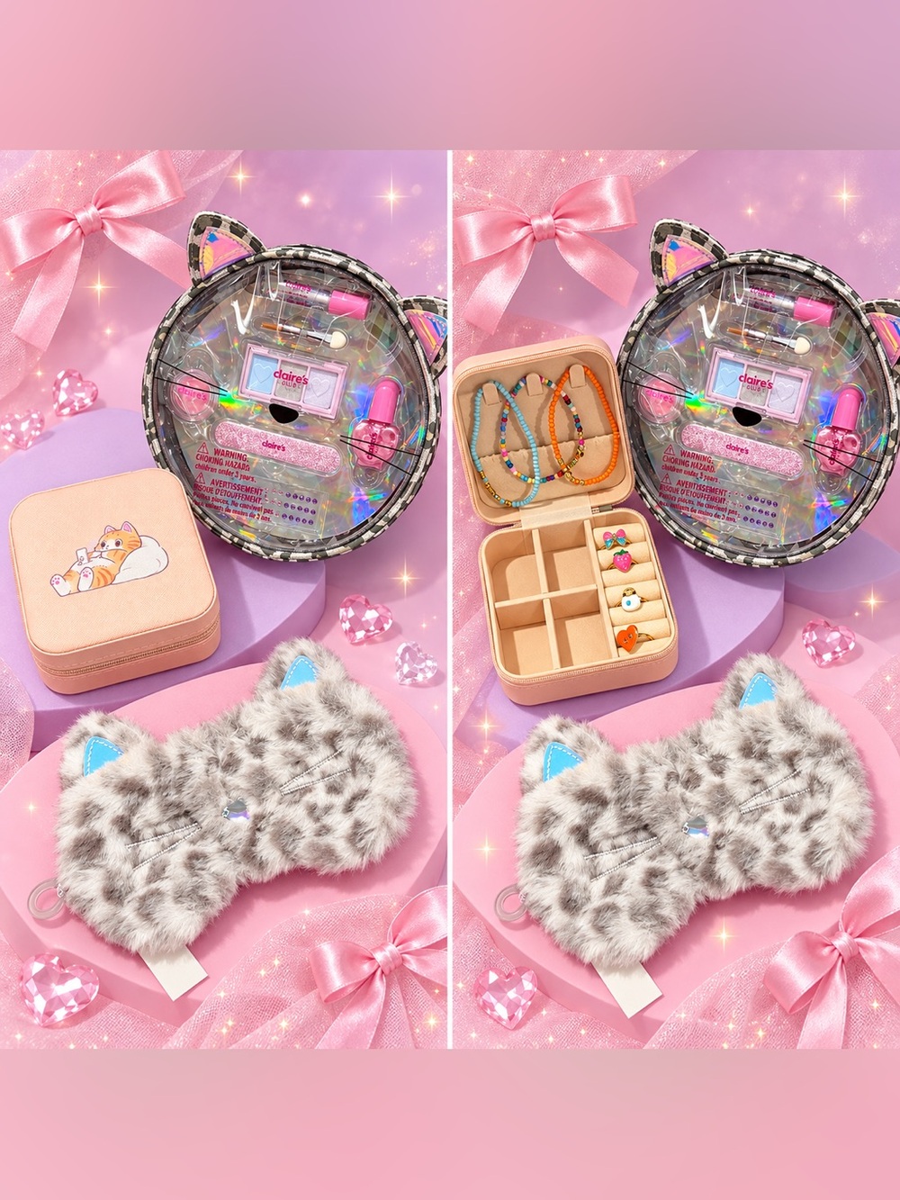 Claire's Pink Holographic Cat Ear Makeup & Jewelry Travel Set